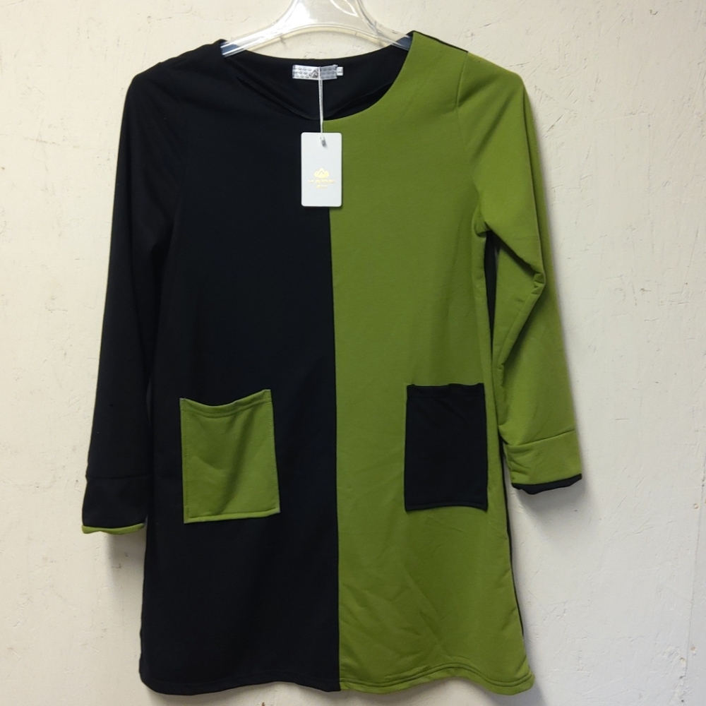 Black Green Color Block Shift Dress Huiermei